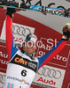 Winner Julien Lizeroux of France celebrates his medal won in Men slalom race of Kranjska Gora Audi FIS Ski World Cup 2008-09. Slalom race of Men Audi FIS Ski World Cup 2008-09 was held in Kranjska Gora, Slovenia, on Sunday, 1st of March 2009.
