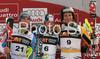 Winner Julien Lizeroux of France (M), second placed Giuliano Razzoli of Italy (L) and third placed Felix Neureuther of Germany (R) celebrate their medals won in Men slalom race of Kranjska Gora Audi FIS Ski World Cup 2008-09. Slalom race of Men Audi FIS Ski World Cup 2008-09 was held in Kranjska Gora, Slovenia, on Sunday, 1st of March 2009.

