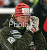 Third placed Tanja Poutiainen of Finland speaking on phone after Women giant slalom race of Ofterschwang Audi FIS Ski World Cup 2008-09. Giant slalom race of Women Audi FIS Ski World Cup 2008-09 was held in Ofterschwang, Germany, on Friday, 6th of March 2009.
