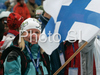 Finnish spectator celebrates medal won by Tanja Poutiainen of Finland in Women giant slalom race of Ofterschwang Audi FIS Ski World Cup 2008-09. Giant slalom race of Women Audi FIS Ski World Cup 2008-09 was held in Ofterschwang, Germany, on Friday, 6th of March 2009.
