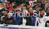 French team cheering for winner Sandrine Aubert of France while skiing in second run of Women slalom race of Ofterschwang Audi FIS Ski World Cup 2008-09. Slalom race of Women Audi FIS Ski World Cup 2008-09 was held in Ofterschwang, Germany, on Saturday, 7th of March 2009.
