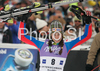 Winner Sandrine Aubert of France reacts in finish of second run of Women slalom race of Ofterschwang Audi FIS Ski World Cup 2008-09. Slalom race of Women Audi FIS Ski World Cup 2008-09 was held in Ofterschwang, Germany, on Saturday, 7th of March 2009.
