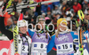Winner Sandrine Aubert of France (M), second placed Frida Hansdotter of Sweden (R), and third placed Nicole Hosp of Austria (L) celebrate their medals won in Women slalom race of Ofterschwang Audi FIS Ski World Cup 2008-09. Slalom race of Women Audi FIS Ski World Cup 2008-09 was held in Ofterschwang, Germany, on Saturday, 7th of March 2009.

