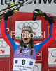 Winner Sandrine Aubert of France celebrates her medal won in Women slalom race of Ofterschwang Audi FIS Ski World Cup 2008-09. Slalom race of Women Audi FIS Ski World Cup 2008-09 was held in Ofterschwang, Germany, on Saturday, 7th of March 2009.
