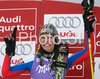 Winner Sandrine Aubert of France celebrates her medal won in Women slalom race of Ofterschwang Audi FIS Ski World Cup 2008-09. Slalom race of Women Audi FIS Ski World Cup 2008-09 was held in Ofterschwang, Germany, on Saturday, 7th of March 2009.
