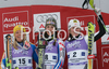 Winner Sandrine Aubert of France (M), second placed Frida Hansdotter of Sweden (L) and third placed Nicole Hosp of Austria (R) celebrate their medals won in Women slalom race of Ofterschwang Audi FIS Ski World Cup 2008-09. Slalom race of Women Audi FIS Ski World Cup 2008-09 was held in Ofterschwang, Germany, on Saturday, 7th of March 2009.
