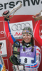 Winner Sandrine Aubert of France celebrates her medal won in Women slalom race of Ofterschwang Audi FIS Ski World Cup 2008-09. Slalom race of Women Audi FIS Ski World Cup 2008-09 was held in Ofterschwang, Germany, on Saturday, 7th of March 2009.
