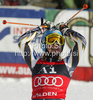 Winner Tanja Poutiainen of Finland reacts in finish of second run of first Women GS FIS Alpine ski World Cup 2009-2010 race in Soelden, Austria. First giant slalom race of Women FIS Alpine ski World Cup was held on Rettenbach glacier above Soelden, Austria on 24th of October 2009.
