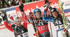 Winner Tanja Poutiainen of Finland (M), second placed Kathrin Zettel of Austria (L) and third placed Denise Karbon of Italy (R) celebrate their medals won in first Women GS FIS Alpine ski World Cup 2009-2010 race in Soelden, Austria. First giant slalom race of Women FIS Alpine ski World Cup was held on Rettenbach glacier above Soelden, Austria on 24th of October 2009.
