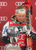 Winner Tanja Poutiainen of Finland celebrates her medal won in first Women GS FIS Alpine ski World Cup 2009-2010 race in Soelden, Austria. First giant slalom race of Women FIS Alpine ski World Cup was held on Rettenbach glacier above Soelden, Austria on 24th of October 2009.
