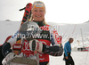 Winner Tanja Poutiainen of Finland celebrates her medal won in first Women GS FIS Alpine ski World Cup 2009-2010 race in Soelden, Austria. First giant slalom race of Women FIS Alpine ski World Cup was held on Rettenbach glacier above Soelden, Austria on 24th of October 2009.
