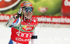 Winner Didier Cuche of Switzerland reacts in finish of second run of first Men GS FIS Alpine ski World Cup 2009-2010 race in Soelden, Austria. First giant slalom race of Men FIS Alpine ski World Cup was held on Rettenbach glacier above Soelden, Austria on 25th of October 2009.
