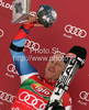 Winner Didier Cuche of Switzerland (M), second placed Ted Ligety of USA (L) and third placed Carlo Janka of Switzerland (R) celebrate their medals won in first Women GS FIS Alpine ski World Cup 2009-2010 race in Soelden, Austria. First giant slalom race of Men FIS Alpine ski World Cup was held on Rettenbach glacier above Soelden, Austria on 25th of October 2009.
