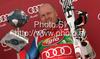 Winner Didier Cuche of Switzerland (M), second placed Ted Ligety of USA (L) and third placed Carlo Janka of Switzerland (R) celebrate their medals won in first Women GS FIS Alpine ski World Cup 2009-2010 race in Soelden, Austria. First giant slalom race of Men FIS Alpine ski World Cup was held on Rettenbach glacier above Soelden, Austria on 25th of October 2009.
