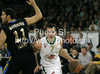 Sani Becirovic of Union Olimpija (R) and Dimitrios Mavroeidis of Maroussi BC (L) during match of Basketball Euroleague between Union Olimpija, Ljubljana, Slovenia and Maroussi BC, Athens, Greece. Match between Union Olimpija and Maroussi BC was played on 29th of October 2009 in Tivoli Arena in Ljubljana, Slovenia.
