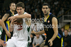 Gasper Vidmar of Union Olimpija (L) and Dimitrios Maroeidis of Maroussi BC (R) during match of Basketball Euroleague between Union Olimpija, Ljubljana, Slovenia and Maroussi BC, Athens, Greece. Match between Union Olimpija and Maroussi BC was played on 29th of October 2009 in Tivoli Arena in Ljubljana, Slovenia.
