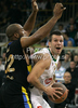 Sani Becirovic of Union Olimpija (R) and Samon Alfred Lucas of Maroussi BC (L) during match of Basketball Euroleague between Union Olimpija, Ljubljana, Slovenia and Maroussi BC, Athens, Greece. Match between Union Olimpija and Maroussi BC was played on 29th of October 2009 in Tivoli Arena in Ljubljana, Slovenia.
