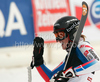 Third placed Taina Barioz of France reacts in finish of second run of women giant slalom World Cup race in Lienz, Austra. Giant slalom race of Women Audi FIS Alpine skiing World Cup 2009-10 was held in Lienz, Slovenia, on 28th of December 2009.
