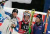 Winner Kathrin Hoelzl of Germany (M), second placed Manuela Moelgg of Italy (L) and third placed Taina Barioz of France (R) celebrate their medals won in women giant slalom World Cup race in Lienz, Austra. Giant slalom race of Women Audi FIS Alpine skiing World Cup 2009-10 was held in Lienz, Slovenia, on 28th of December 2009.
