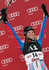 Third placed Taina Barioz of France celebrates her medal won in women giant slalom World Cup race in Lienz, Austra. Giant slalom race of Women Audi FIS Alpine skiing World Cup 2009-10 was held in Lienz, Slovenia, on 28th of December 2009.

