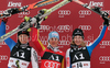 Winner Kathrin Hoelzl of Germany (M), second placed Manuela Moelgg of Italy (L) and third placed Taina Barioz of France (R) celebrate their medals won in women giant slalom World Cup race in Lienz, Austra. Giant slalom race of Women Audi FIS Alpine skiing World Cup 2009-10 was held in Lienz, Slovenia, on 28th of December 2009.
