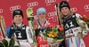 Winner Kathrin Hoelzl of Germany (M), second placed Manuela Moelgg of Italy (L) and third placed Taina Barioz of France (R) celebrate their medals won in women giant slalom World Cup race in Lienz, Austra. Giant slalom race of Women Audi FIS Alpine skiing World Cup 2009-10 was held in Lienz, Slovenia, on 28th of December 2009.
