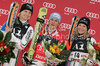 Winner Kathrin Hoelzl of Germany (M), second placed Manuela Moelgg of Italy (L) and third placed Taina Barioz of France (R) celebrate their medals won in women giant slalom World Cup race in Lienz, Austra. Giant slalom race of Women Audi FIS Alpine skiing World Cup 2009-10 was held in Lienz, Slovenia, on 28th of December 2009.
