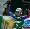 Second placed Sandrine Aubert of France reacts in finish of second run of women slalom World Cup race in Lienz, Austra. Slalom race of Women Audi FIS Alpine skiing World Cup 2009-10 was held in Lienz, Austria, on 29th of December 2009.
