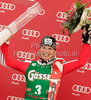 Winner Marlies Schild of Austria celebrates her medal won in women slalom World Cup race in Lienz, Austra. Slalom race of Women Audi FIS Alpine skiing World Cup 2009-10 was held in Lienz, Austria, on 29th of December 2009.
