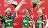 Winner Marlies Schild of Austria (M), second placed Sandrine Aubert of France (L) and third placed Kathrin Zettel of Austria (R) celebrate their medals won in women slalom World Cup race in Lienz, Austra. Slalom race of Women Audi FIS Alpine skiing World Cup 2009-10 was held in Lienz, Austria, on 29th of December 2009.
