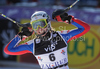Winner Sandrine Aubert of France reacts in finish of second run of women Snow queen trophy slalom World Cup race in Zagreb, Croatia. Slalom race of Women Audi FIS Alpine skiing World Cup 2009-10 was held in on Sljeme above Zagreb, Croatia, on 3rd of January 2010.
