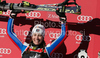 Winner Sandrine Aubert of France celebrates her medal won in women Snow queen trophy slalom World Cup race in Zagreb, Croatia. Slalom race of Women Audi FIS Alpine skiing World Cup 2009-10 was held in on Sljeme above Zagreb, Croatia, on 3rd of January 2010.

