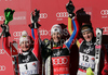 Winner Sandrine Aubert of France (M), second placed Kathrin Zettel of Austria (L) and third placed Susanne Riesch of Germany (R) celebrate their medals won in women Snow queen trophy slalom World Cup race in Zagreb, Croatia. Slalom race of Women Audi FIS Alpine skiing World Cup 2009-10 was held in on Sljeme above Zagreb, Croatia, on 3rd of January 2010.

