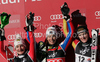 Winner Sandrine Aubert of France (M), second placed Kathrin Zettel of Austria (L) and third placed Susanne Riesch of Germany (R) celebrate their medals won in women Snow queen trophy slalom World Cup race in Zagreb, Croatia. Slalom race of Women Audi FIS Alpine skiing World Cup 2009-10 was held in on Sljeme above Zagreb, Croatia, on 3rd of January 2010.
