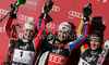 Winner Sandrine Aubert of France (M), second placed Kathrin Zettel of Austria (L) and third placed Susanne Riesch of Germany (R) celebrate their medals won in women Snow queen trophy slalom World Cup race in Zagreb, Croatia. Slalom race of Women Audi FIS Alpine skiing World Cup 2009-10 was held in on Sljeme above Zagreb, Croatia, on 3rd of January 2010.
