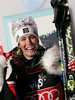 Winner Sandrine Aubert of France celebrates her medal won in women Snow queen trophy slalom World Cup race in Zagreb, Croatia. Slalom race of Women Audi FIS Alpine skiing World Cup 2009-10 was held in on Sljeme above Zagreb, Croatia, on 3rd of January 2010.
