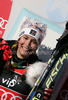 Winner Sandrine Aubert of France celebrates her medal won in women Snow queen trophy slalom World Cup race in Zagreb, Croatia. Slalom race of Women Audi FIS Alpine skiing World Cup 2009-10 was held in on Sljeme above Zagreb, Croatia, on 3rd of January 2010.
