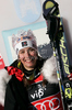 Winner Sandrine Aubert of France celebrates her medal won in women Snow queen trophy slalom World Cup race in Zagreb, Croatia. Slalom race of Women Audi FIS Alpine skiing World Cup 2009-10 was held in on Sljeme above Zagreb, Croatia, on 3rd of January 2010.
