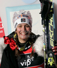 Winner Sandrine Aubert of France celebrates her medal won in women Snow queen trophy slalom World Cup race in Zagreb, Croatia. Slalom race of Women Audi FIS Alpine skiing World Cup 2009-10 was held in on Sljeme above Zagreb, Croatia, on 3rd of January 2010.
