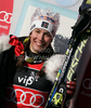 Winner Sandrine Aubert of France celebrates her medal won in women Snow queen trophy slalom World Cup race in Zagreb, Croatia. Slalom race of Women Audi FIS Alpine skiing World Cup 2009-10 was held in on Sljeme above Zagreb, Croatia, on 3rd of January 2010.
