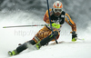 Julien Cousineau of Canada skiing in first run of men Snow queen trophy slalom World Cup race in Zagreb, Croatia. Slalom race of Men Audi FIS Alpine skiing World Cup 2009-10 was held on Sljeme above Zagreb, Croatia, on 6th of January 2010.
