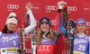 Winner Lindsey Vonn of USA (M), second placed Nadja Kamer of Switzerland (L) and third placed Ingrid Jacquemod of France (R) celebrates their medals won in women downhill race of Audi FIS alpine skiing World Cup in Haus im Ennstal, Austria. Downhill race of Women Audi FIS Alpine skiing World Cup 2009-10 was held in Haus im Ennstal, Austria, on 9th of January 2010.
