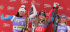 Winner Lindsey Vonn of USA (M), second placed Nadja Kamer of Switzerland (L) and third placed Ingrid Jacquemod of France (R) celebrates their medals won in women downhill race of Audi FIS alpine skiing World Cup in Haus im Ennstal, Austria. Downhill race of Women Audi FIS Alpine skiing World Cup 2009-10 was held in Haus im Ennstal, Austria, on 9th of January 2010.
