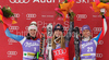 Winner Lindsey Vonn of USA (M), second placed Nadja Kamer of Switzerland (L) and third placed Ingrid Jacquemod of France (R) celebrates their medals won in women downhill race of Audi FIS alpine skiing World Cup in Haus im Ennstal, Austria. Downhill race of Women Audi FIS Alpine skiing World Cup 2009-10 was held in Haus im Ennstal, Austria, on 9th of January 2010.
