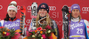 Winner Lindsey Vonn of USA (M), second placed Nadja Kamer of Switzerland (L) and third placed Ingrid Jacquemod of France (R) celebrates their medals won in women downhill race of Audi FIS alpine skiing World Cup in Haus im Ennstal, Austria. Downhill race of Women Audi FIS Alpine skiing World Cup 2009-10 was held in Haus im Ennstal, Austria, on 9th of January 2010.
