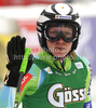 Marusa Ferk of Slovenia reacts in finish of women Super-G race of Audi FIS alpine skiing World Cup in Haus im Ennstal, Austria. Super-G race of Women Audi FIS Alpine skiing World Cup 2009-10 was held in Haus im Ennstal, Austria, on 10th of January 2010.

