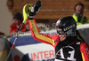 Christina Geiger of Germany reacts in finish of second run of Women slalom race of Audi FIS alpine skiing World Cup in Flachau, Austria. Slalom race of Women Audi FIS Alpine skiing World Cup 2009-10 was held in Flachau, Austria, on 12th of January 2010.
