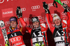 Winner Marlies Schild of Austria (M), second placed Maria Riesch of Germany (L) and third placed Kathrin Zettel of Austria (R) celebrate their medals won in Women slalom race of Audi FIS alpine skiing World Cup in Flachau, Austria. Slalom race of Women Audi FIS Alpine skiing World Cup 2009-10 was held in Flachau, Austria, on 12th of January 2010.
