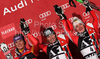 Winner Marlies Schild of Austria (M), second placed Maria Riesch of Germany (L) and third placed Kathrin Zettel of Austria (R) celebrate their medals won in Women slalom race of Audi FIS alpine skiing World Cup in Flachau, Austria. Slalom race of Women Audi FIS Alpine skiing World Cup 2009-10 was held in Flachau, Austria, on 12th of January 2010.
