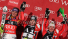 Winner Marlies Schild of Austria (M), second placed Maria Riesch of Germany (L) and third placed Kathrin Zettel of Austria (R) celebrate their medals won in Women slalom race of Audi FIS alpine skiing World Cup in Flachau, Austria. Slalom race of Women Audi FIS Alpine skiing World Cup 2009-10 was held in Flachau, Austria, on 12th of January 2010.
